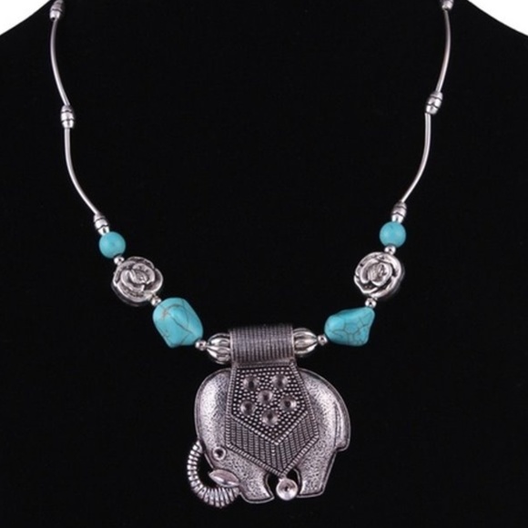 Boho Retro Good Luck Elephant Turquoise Pendant - Picture 2 of 6